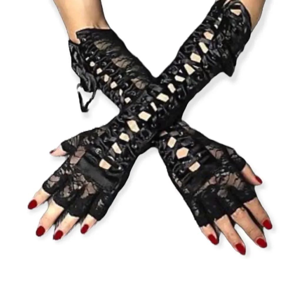 Long Black Lace Up Fingerless Gloves - NEW